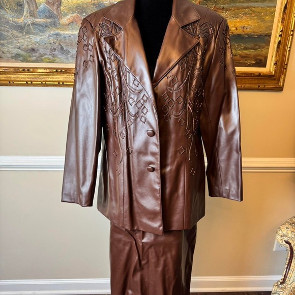 Stella Louise for KB Dresses & Skirts - Vintage Brown Faux Leather Beaded Skirt Suit Set Size 18
